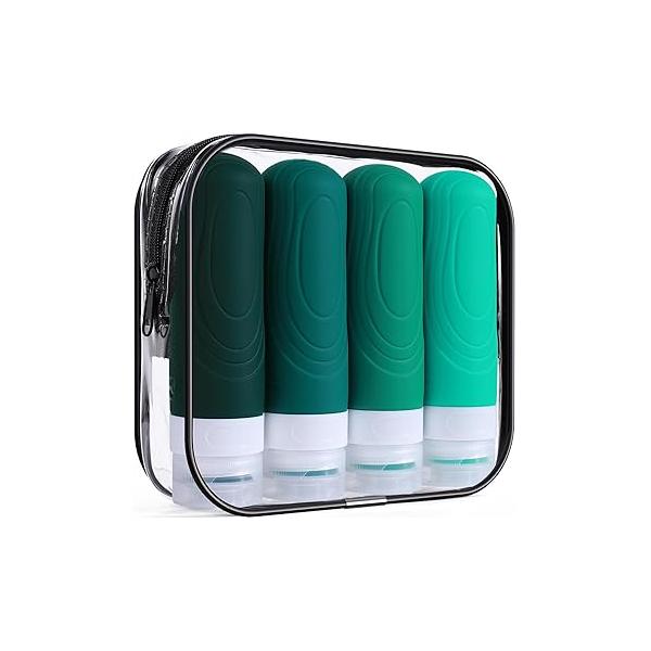 GLAMFIELDS Travel Bottles for Toiletries,TSA Approved 3oz size Leak Proof Silicone Containers Shampoo, Conditioner,Easy to Squeeze and Portable, Essentials Traveling (4 Pack) Black