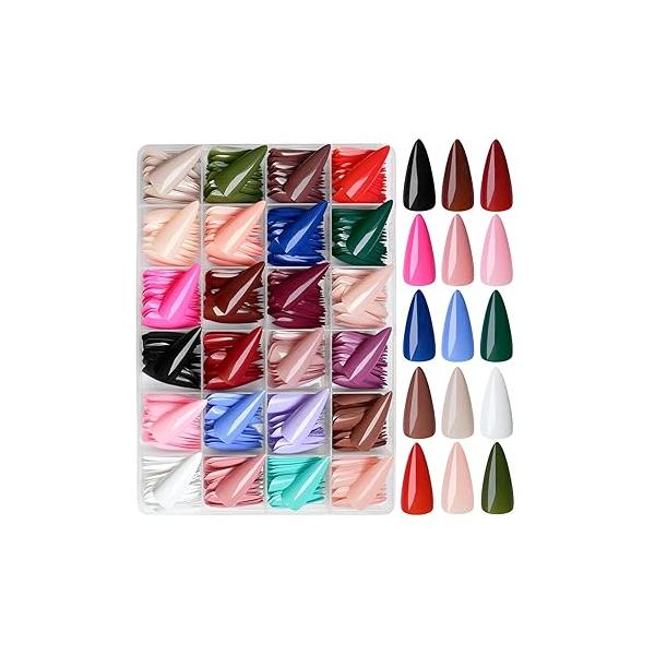 LoveOurHome 576pc Medium Press on Nails Almond Fake Full Cover Acrylic ons Nail Short Stiletto Glue Artificial Fingernail Tips 24 Colors for Women Girls Kids