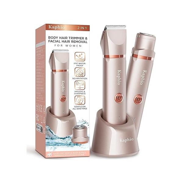 Electric Bikini Trimer Shaver Women: 2 in 1 IPX7 Waterproof Wet & Dry Use Body Hair Trimmer and Facial Remover - Rechargeable Removal Kit for Underarm Leg Arm Face