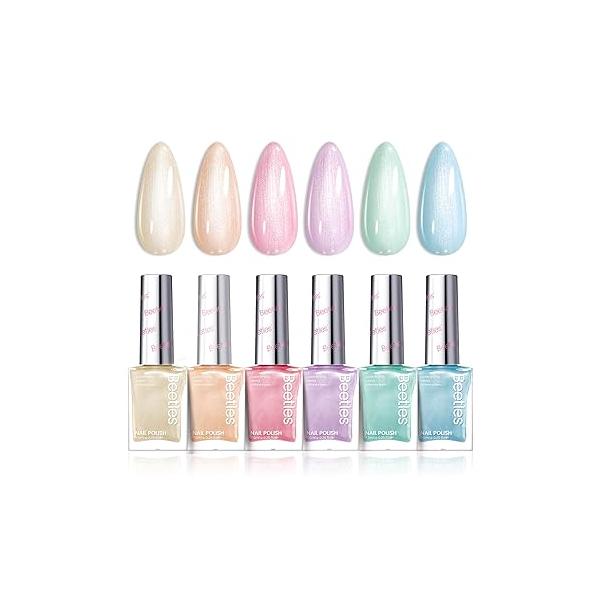 Beetles Pearl Nail Polish Set Mermaid Glow, 6 Colors Shimmer Pink Purple Quick Dry Long Lasting DIY Manicure Gift for Girls Women Strengthener