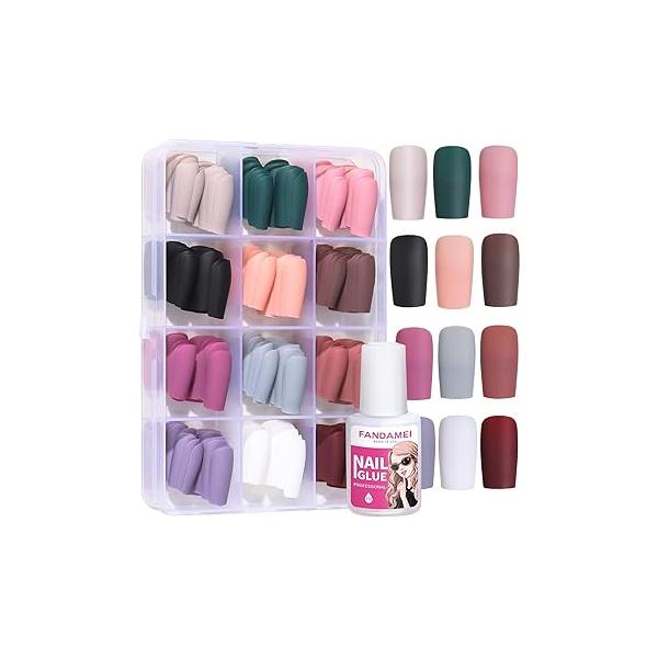 FANDAMEI Press on Nails, 12 Packs 288PCS Matte Medium Almond Fake Nails Full Cover, Short Glue with 7g Nail Glue, Solid Color False for Art DIY