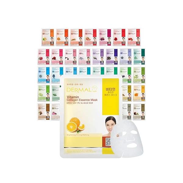 DERMAL 39 Combo Pack A Collagen Essence Korean Face Mask - Hydrating & Soothing Facial with Panthenol Hypoallergenic Self Care Sheet for All Skin Types Natural Home Spa Treatment Masks