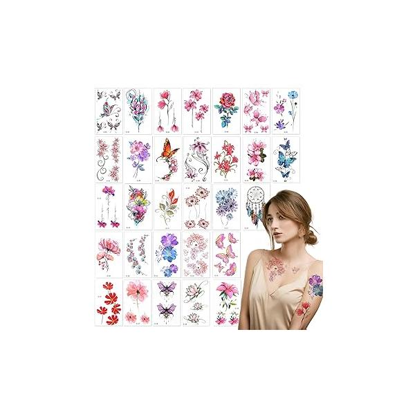 Temporary Tattoos Adult Women - 30 Sheets Realistic Watercolor Floral Fake Tattoos, Durable Semi-Permanent Tattoo Stickers, Body Art for Adults, Perfect Arm Back Collarbones