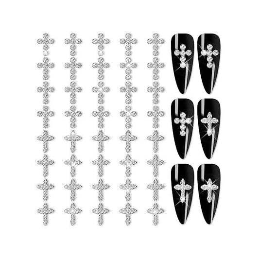 40pcs 3D Cross Nail Charms Jewelrys Decorations for Art Gems Diamond Decor Metal Alloy Crystal Rhinestones Studs Women Girl DIY Crafts (Silver)