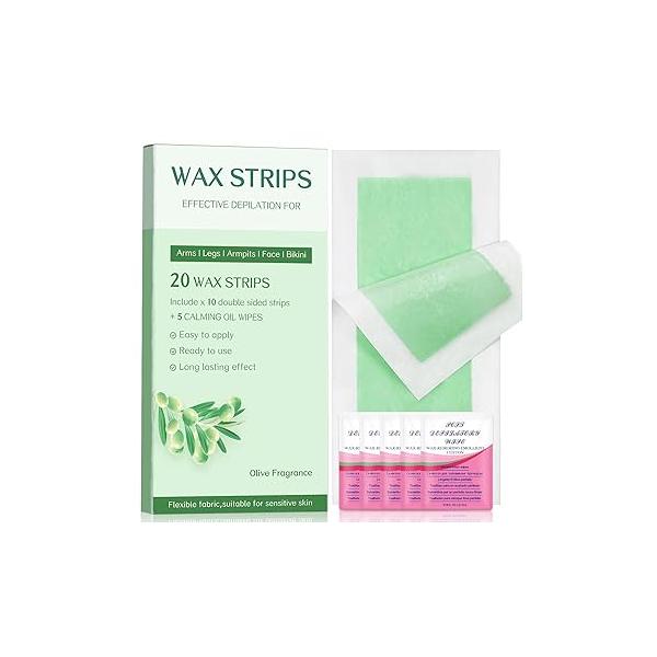 Wax Strips - Body Waxing Strips, Kit for Women & Men Brazilian Kit, Back All Skin Types, Face, Arms, Legs, Armpits, Bikini, 98% Natural, Hypoallergenic Odourless, Green