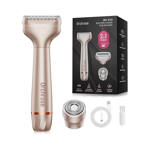 Electric Razor for Women Body: Rechargeable Painless Shaver Bikini Face Body Legs Underarms - 3-in-1 Blade and Rotary Shaving Head (Honey Gold)