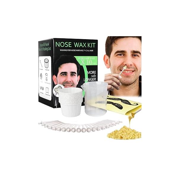 Nose and Ear Hair Waxing Kit - Removal Set for Men Women with 50g Wax Beads, 20 Applicators (10 times), 10 Paper Cups, Mustache Guards