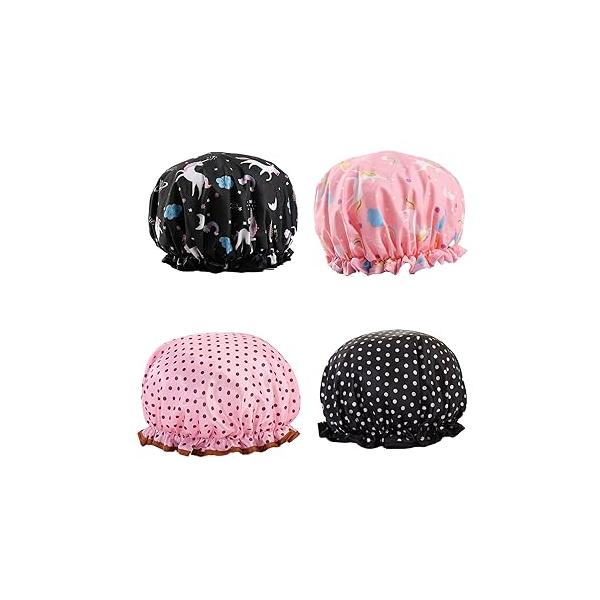Shower Cap for Kids & Adults, Double Layer Waterproof Reusable Hat, Adjustable Elastic Bath Hair Washing, Bathing Spa Swimming 4 Pieces (Polka Dots Design)