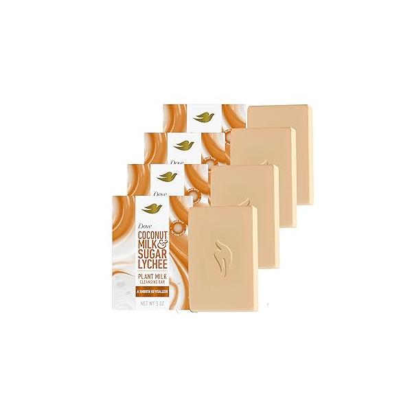 Dove Plant Milk Cleansing Bar Soap Coconut & Sugar Lychee Smooth Revitalizer 4 Count for Moisturized Skin Gentle Cleanser, No Sulfate Cleansers or Parabens, 98% Biodegradable Formula 5 oz