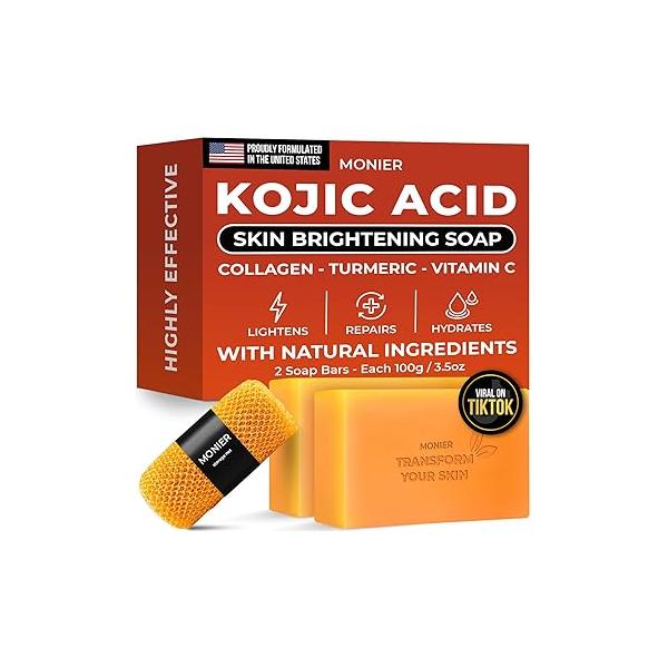 MONIER Kojic Acid Soap - Dark Spot Remover Bars with Collagen, Turmeric, Coconut Oil, Vitamin C, E Moisturizing & Nourishing Original Japanese Complex