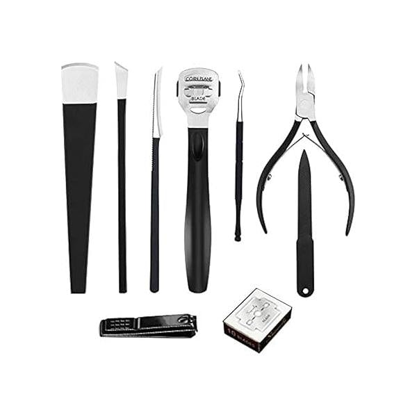 Foot Care Pedicure Callus Shaver Hard Skin Remover 10 Blades Ingrown Toenail Tools Kit, Removal Correction Clippers, Professional (Black)…