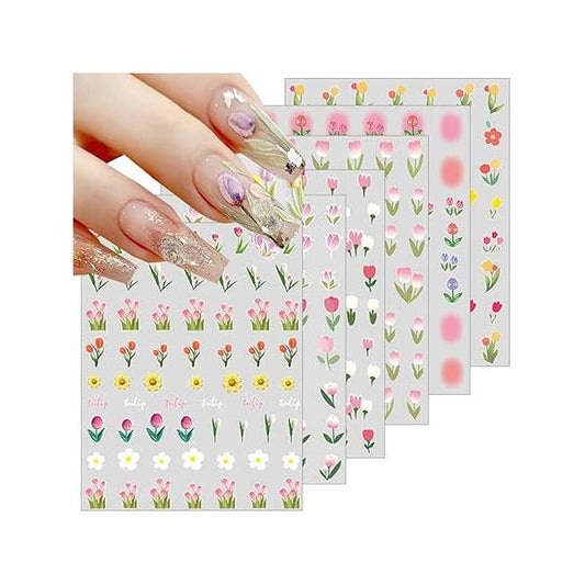6 Sheets Flower Nail Art Stickers Decal, 3D Self-Adhesive Floral Decals for Supplies Tulip Blossoms Flowers Leaves Designs Spring Summer DIY Decoration Women Girls