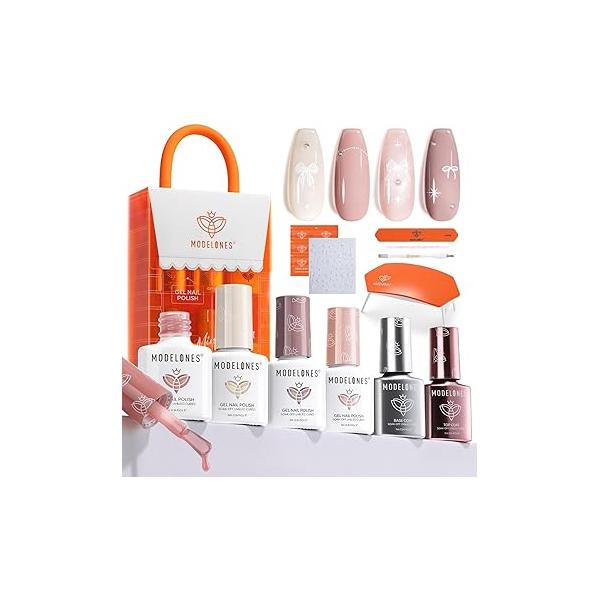 modelones Gel Nail Polish Kit with U V Light, 4 Colors Mini Salon, Base&Top Coat and Stickers, Milky White Nude Pink Glitter Fall Manicure Set, DIY Home Art Decoration Kit, Gift for Women