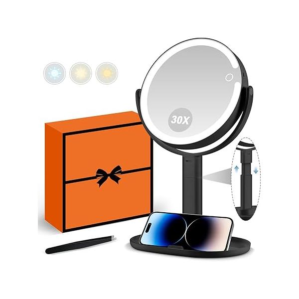MIYADIVA Makeup Mirror with Lights, 30X Magnifying Light and Touch Switch, Vanity 3 Color 80 LEDs, Height Adjustable Desk Light, Black