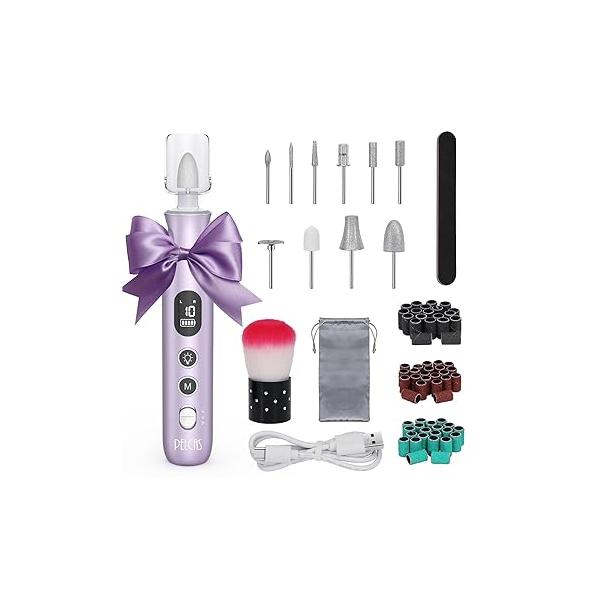 PELCAS Electric Nail Drills, 10 Speeds Cordless File with LED Light, Portable Manicure & Pedicure Kit, Grinder LCD Screen for Human, Pet, Thick Toenails, Natural Acrylic Nails Purple