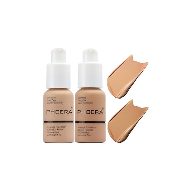 PHOERA Foundation,Flawless Soft Matte Oil Control Liquid Foundation Full Coverage Face Makeup. (102# Nude)