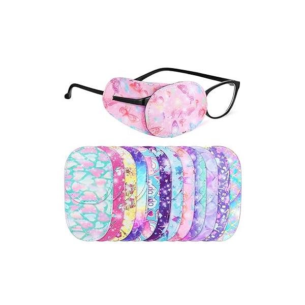Newcotte 12 Pcs Eye Patch for Kids Toddler Reusable Adjustable Girls Boys Eyepatch Glasses Left or Right Patch, Assorted Patterns(Mermaid)