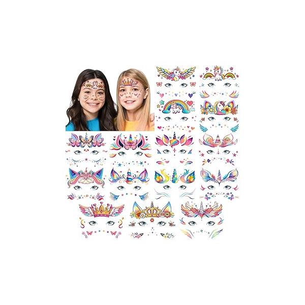 Partywind Face Temporary Tattoos for Girls, Waterproof Fake Kids Party Supplies Favors, Children Birthday Games, Special Goodie Bag Stuffers Fillers