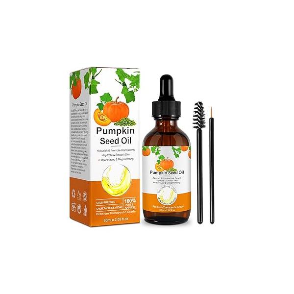 Pumpkin Seed Oil, 2Fl Oz Oils for Dry Damaged Hair Growth, Pure Cold Pressed Carrier Oil Moisturizing Scalp, Body Massage and Skin Care