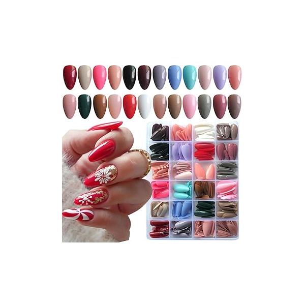 LoveOurHome 576pc Medium Press on Nails Almond Fake Full Cover Acrylic ons Nail Short Stiletto Glue Artificial Fingernail Tips 24 Colors for Women Girls Kids
