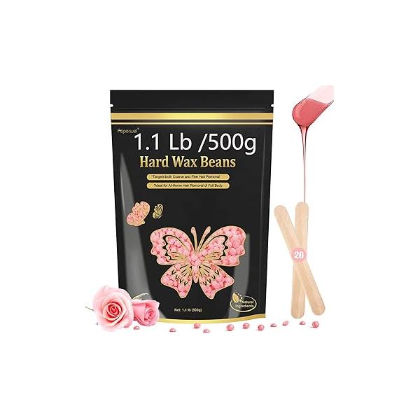 Wax Beads for Hair Removal, 1.1LB Painless Salon Hard Beans Bikini, Eyebrow Facial, At Home Pearl Waxing Sensitive Skin with 20 Spatulas Women Men(Rose)