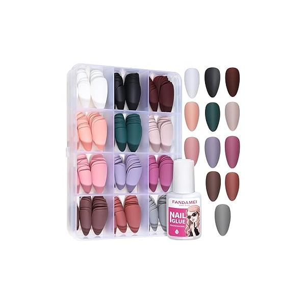 FANDAMEI Press on Nails, 12 Packs 288PCS Matte Medium Almond Fake Nails Full Cover, Short Glue with 7g Nail Glue, Solid Color False for Art DIY
