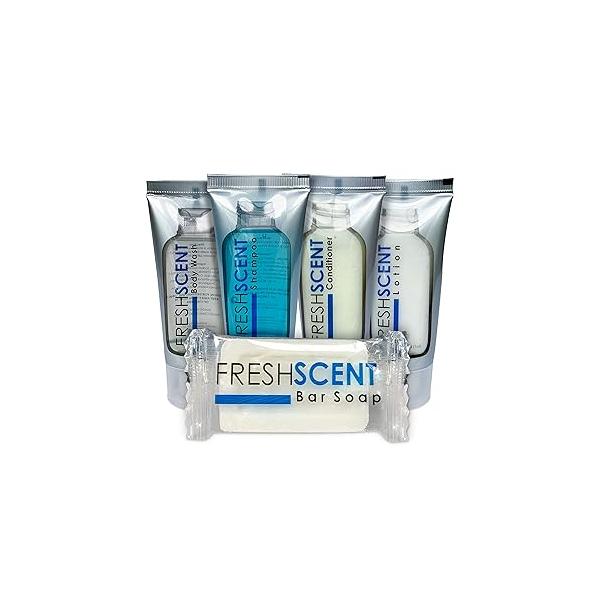 Freshscent Hotel Collection 250 Piece Set. Travel Size Amenities Bulk Toiletries Kit of 50 Each 1oz tubes Shampoo, Conditioner, Body Wash and Lotion. Bars Soap