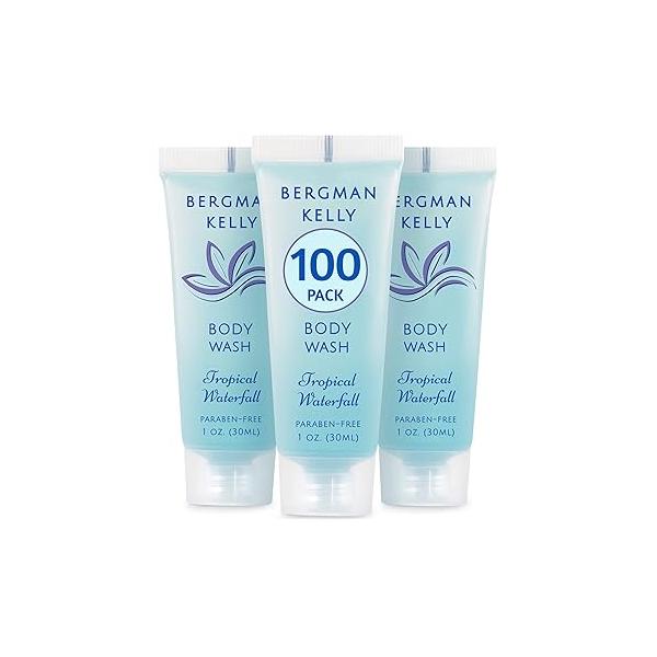 BERGMAN KELLY Travel Size Body Wash (1 fl oz, 100 PK, Tropical Waterfall), Delight Your Guests with an Invigorating and Refreshing Hotel Wash, Mini Small Guest Toiletries in Bulk