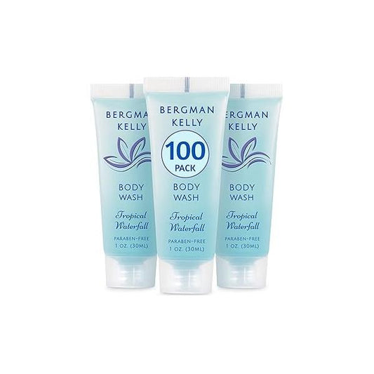 BERGMAN KELLY Travel Size Body Wash (1 fl oz, 100 PK, Tropical Waterfall), Delight Your Guests with an Invigorating and Refreshing Hotel Wash, Mini Small Guest Toiletries in Bulk