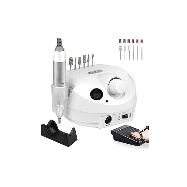 Professional Nail Drill Set 30000RPM E File Machine with Foot Pedal Nails Bits Electric Acrylic Kits Grinder for Gel at Home Salon Manicure Pedicure, White