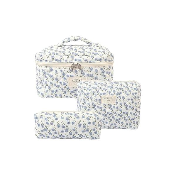 Makeup Bag, 3 PCS Quilted Cute Floral Cotton Cosmetic Bag set, Coquette Pouch Large Travel Toiletry
