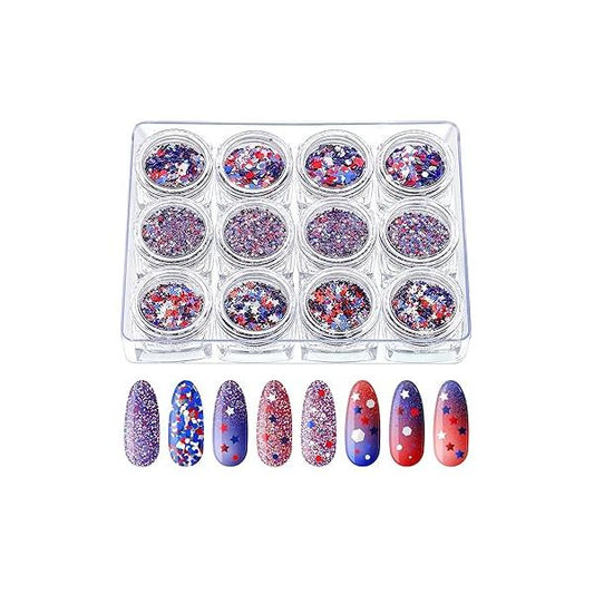 12 Boxes 4th of July Nail Glitter Independence Day Patriotic Art Star Sequins Holographic Red Blue Silver Mixed Sparkly for Women Girls Decoration