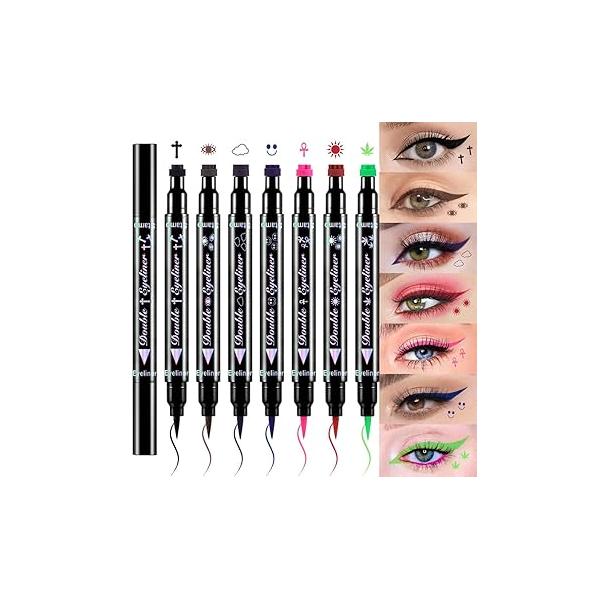 evpct 7Pcs Colored liquid Eye Liners Face Stamp Cosplay Gothic Makeup Set Kit for Beginners, Black Brown Purple Blue Red Pink Green Star Flowers Heart Moon Triangle Lightning Butterfly Stamps Eyeliner