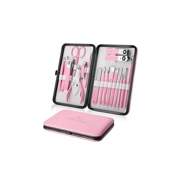 Manicure Set Professional Nail Clippers Kit Pedicure Care Tools- Stainless Steel Women Grooming 18Pcs for Travel or Home (Pink)