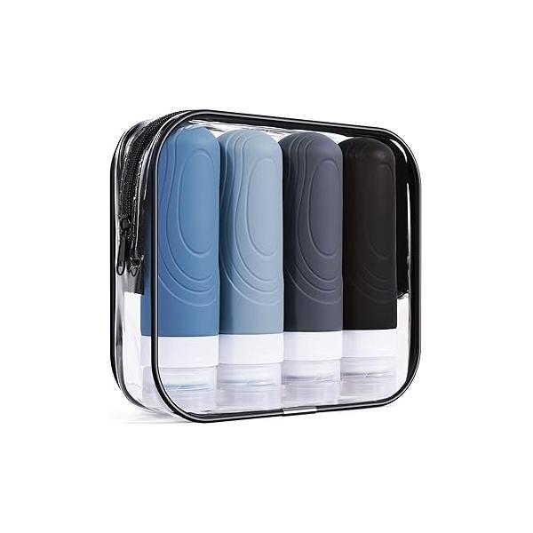 GLAMFIELDS Travel Bottles for Toiletries,TSA Approved 3oz size Leak Proof Silicone Containers Shampoo, Conditioner,Easy to Squeeze and Portable, Essentials Traveling (4 Pack) Black