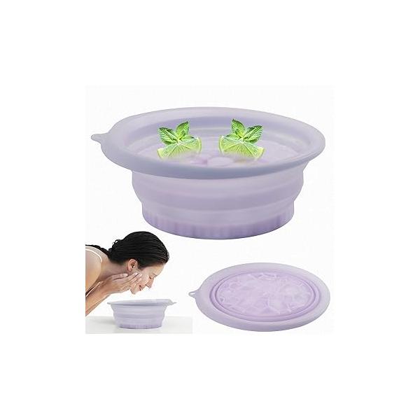 Ice Facial Washbasin with Built-In Tray, Foldable and Collapsible Face Bath Bowl,Silicone Plunge Bowl for Acne Relief, Vagus Nerve Stimulation, Pore Shrinking (Purple)