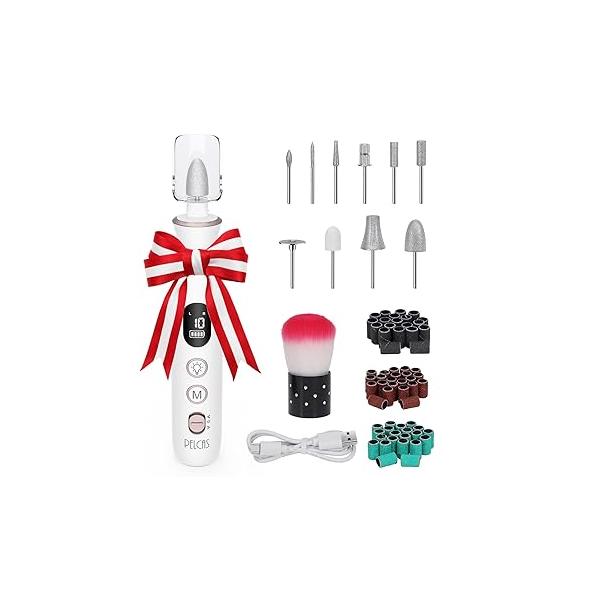 PELCAS Electric Nail Grinder, 10 Speeds Cordless Drill with LED Light, Portable Manicure and Pedicure Kit, File LCD Screen for Human, Pet, Thick Toenails, Natural & Acrylic Nails Grey