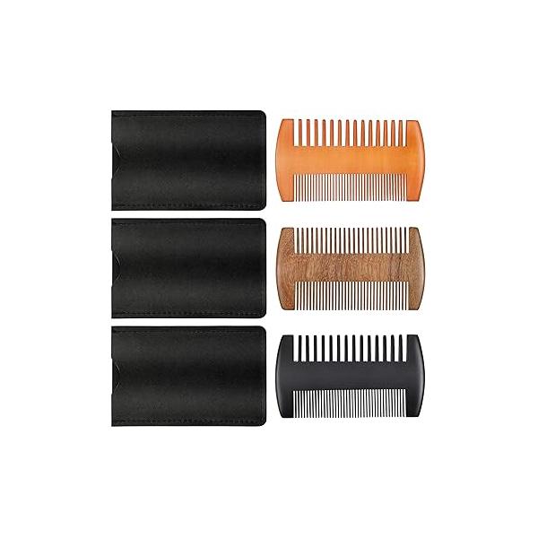 Natural Sandalwood Wooden Dual Action Beard and Mustache Comb Set with Leather Cases for Beards Mustaches (Black, Yellow, Brown)