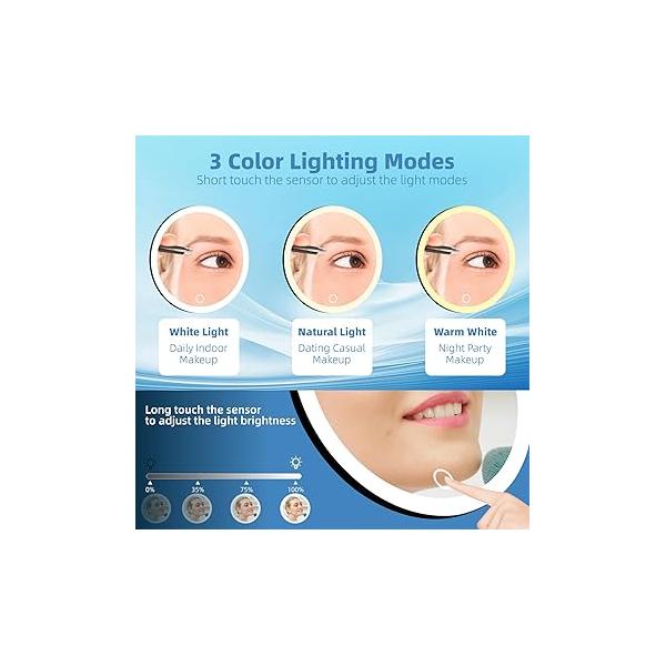 10X Magnifying Mirror with Lights, Magnified 3 Color Lights Adjustable Brightness, Rechargeable 6inch Travel Magnification Suction Cups - Includes Tweezers & Scissors