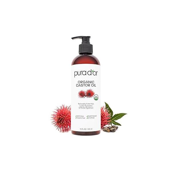 PURA D'OR 16 Oz ORGANIC Castor Oil - 100% Pure USDA Certified Cold Pressed, Hexane Free Eyelash & Eyebrow Serum For Fuller, Thicker Lashes Brows Skin Hair Moisturizer Bulk Size