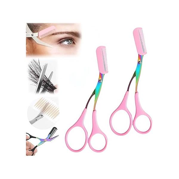 Premium 2 in 1 Non Slip Eyebrow Trimmer Scissors with Comb, Ideal Makeup Tool for Men and Women, Perfect Precise Hair Removal Grooming, 2Pcs Pink