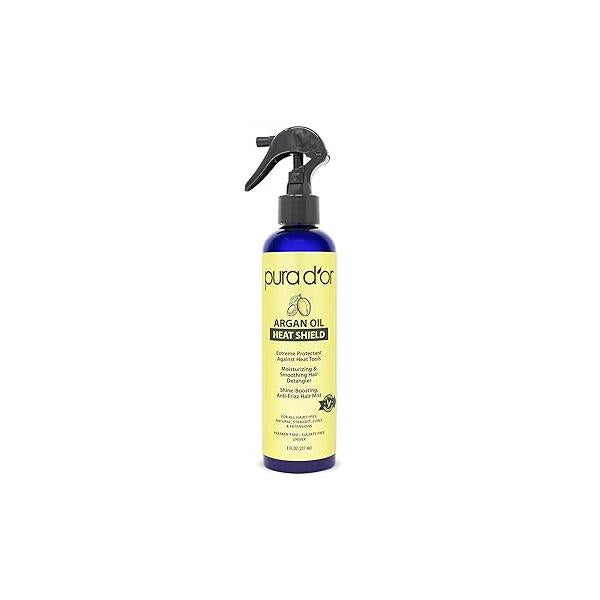 PURA D'OR 8 Oz Argan Oil Heat Shield Protectant Spray with Select Organic Ingredients, Protects Up To 450º F From Flat Iron & Hot Blow Dry, Leave-In, Define Shine Dry Damaged Hair