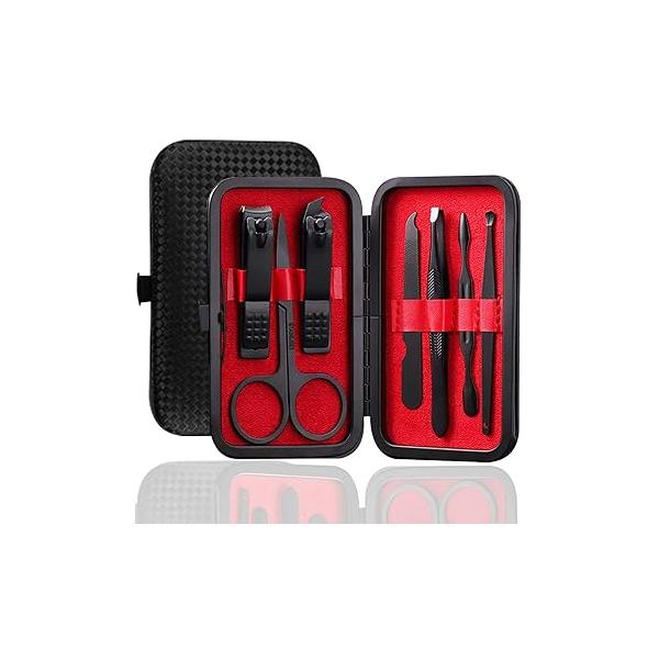 Pedicure Manicure Kit 19 in 1 Set Professional Sharp Nail Clippers Stainless Steel Cutter & Vibrissac Scissors for Men Women Fingernails Toenails with Superb Case (Red_7 pieces)