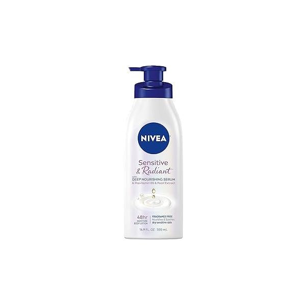 NIVEA Sensitive and Radiant Body Lotion for Skin, Hypoallergenic, Fragrance Free Women with Deep Nourishing Serum, Pearl Extract Provitamin B5, 16.9 Fl Oz Bottle