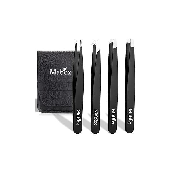 Professional Tweezer Set with Case - 5 Pieces Slanted and Pointed Stainless Steel Set, Precision Slant Tweezers for Eyebrows, Facial Hair, Ingrown Splinter Blackhead