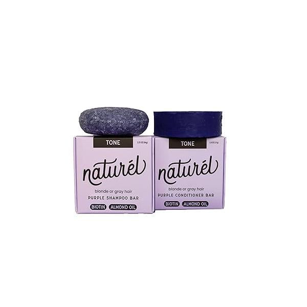 Naturel Toning Purple Shampoo and Conditioner Bar Set with Biotin for Blonde or Grey Hair, Vegan Cruelty Free, Zero Waste, Made in USA