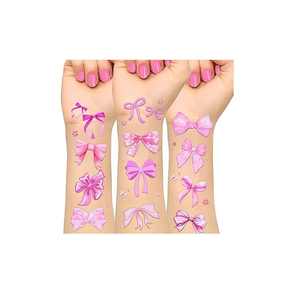 Coquette 144PCS Pink Bows Temporary Tattoos & Stickers - Birthday Decor Party Favors for Bachelorette Wedding