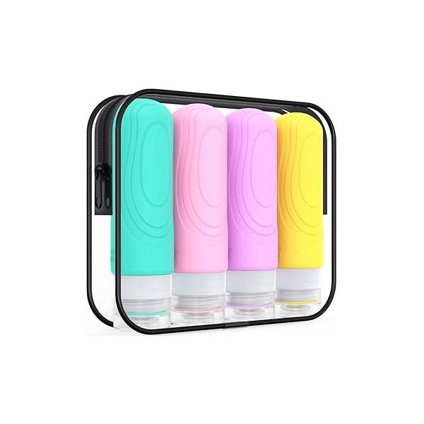 GLAMFIELDS Travel Bottles for Toiletries,TSA Approved 3oz size Leak Proof Silicone Containers Shampoo, Conditioner,Easy to Squeeze and Portable, Essentials Traveling (4 Pack) Black