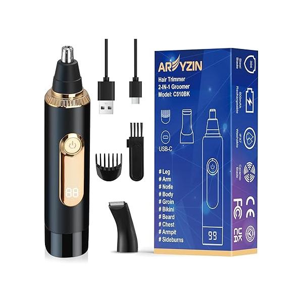 Ear & Nose Hair Trimmer with LED Display for Men Women,2 in 1 Painless USB Rechargeable Eyebrow Facial Clipper,13,000 RPM,Professional Dual Edge Blades,Waterproof,Black Gold