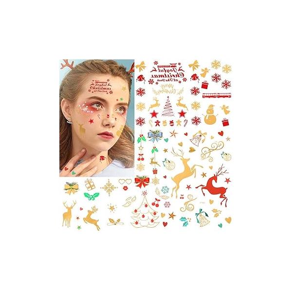 Uranian Christmas Temporary Tattoos Metallic Reindeer Tattoo Santa Claus Snowflake Xmas Tree Waterproof Body Stickers for Women